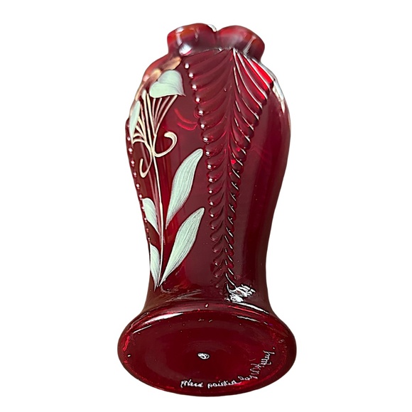 FENTON Vintage Cranberry Feather Vase 11” Hand Painted Signed Floral Design - Picture 7 of 8